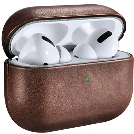 Ledertasche Hülle für AirPods Pro, ICARERSPACE Premium Echtleder Stoßfeste Schutzhülle für Apple AirPods Pro Ohrhörer Ladehülle (LED sichtbar) Unterstützt kabelloses Ladegerät BRAUN