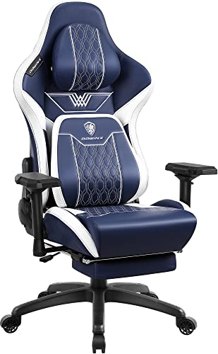 Dowinx Gaming Stuhl mit 4D-Armlehnen, Ergonomischer Gamer Stuhl mit Fußstütze Bürostuhl PU Leder, Bequeme Lordosenstütze Groß und hoch Gaming Sessel 180KG Blau