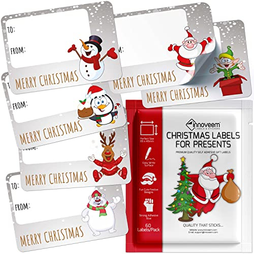 Christmas Labels Stickers Self Adhesive - 60 Christmas Stickers for Presents with Cute Festive Designs - Size 65 x 45mm Xmas Tags for Presents - Sticky Xmas Tags By Innoveem