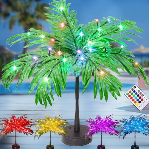 28 Colors Changing Light Up Palm Tree Table Decor, 23In Tropical Artificial Palm Tree Lights Battery USB Powered, LED Mini Palm Tree Table Centerpiece for Luau Summer Hawaiian Party Home