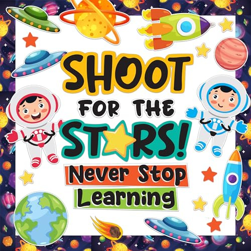 Decorably 62 Pcs Cutouts Inspirational Outer Space Bulletin Board Decorations Set with Borders - Gloss-Laminated Cardstock for Classroom Decor, School Hallways, Education Centers, Homeschool