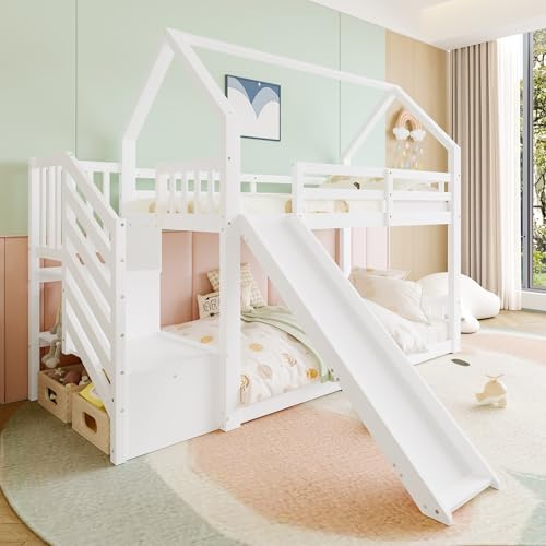 Azkoeesy Letto a castello 90 x 200 cm, con scale di sicurezza e scivolo, a forma di casa, per bambini e ragazzi, legno di pino bianco