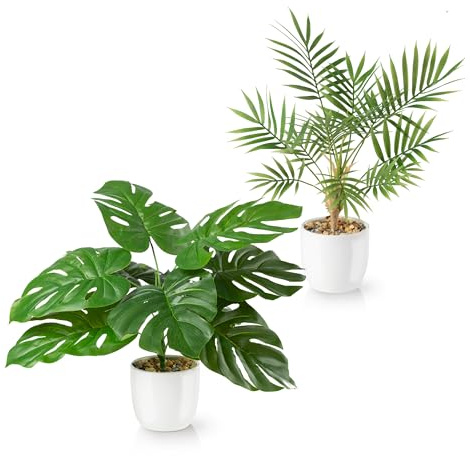 PASCH® 2er Set Monstera künstlich und Areca Kunstpalme (35cm) in weißen Keramiktöpfen: Kunstpflanzen wie echt | Künstliche Pflanzen im Topf | Fake Plant + Palme künstlich | Kunstblumen im Topf