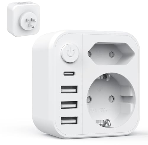 Clomnpe Adaptador Enchufe USA, Adaptador Enchufe España/Europeo a Americano 6 en 1 con 3 USB, 1 USB C y 1 Botón de Encendido, para Viajeros de Europa a Estados Unidos, México y Canadá