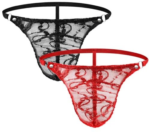 VemeFufu Sexy Pizzo Perizoma Uomo Intimo C String G Slip Boxer Tanga Uomini Hot Vita Bassa Elastici Thong Mankini Bikini Maschile Mutande 2 Pack Tagli Unica Nero + Rosso