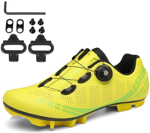 PENXZT Scarpe da Ciclismo Uomo, Scarpe da Mountain Bike Compatibili con Pedali SPD 2 Bulloni Zapatilla de Ciclismo All'aperto,Giallo,43 EU