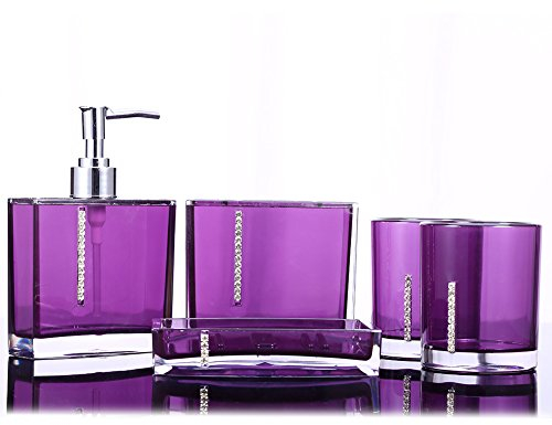 Ensemble d'accessoires de Salle de Bain Violet, 5 pièces, Accessoires de Salle de Bains en Acrylique Transparent, Tasse de Bain, Porte-Brosse à Dents, Porte-Savon,Set Salle de Bain
