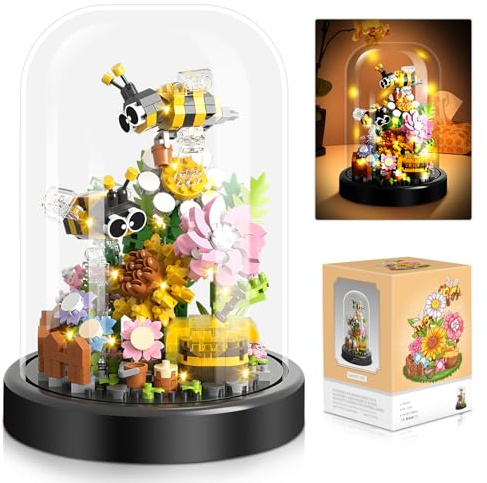 Kit Construction de Fleurs Abeilles, 588 Pièces Briques de Construction Bouquet de Fleurs, Jouet Bloc de Construction de Fleur, avec Housse et Base Anti-poussière