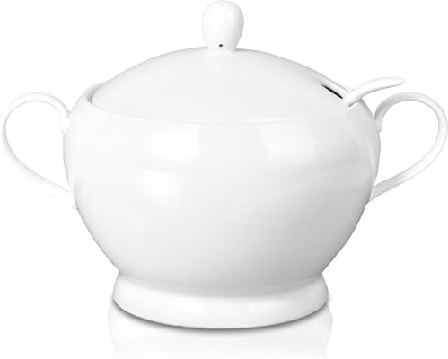 TAOCIGOU Keramik-Suppentreene mit Deckel und Schöpflöffel 2,9 l, großes Fassungsvermögen, Porzellan-Suppen-Servierschüssel mit Griffen, für Zuhause, Küche, Abendessen, mikrowellen- und ofenfest, Weiß