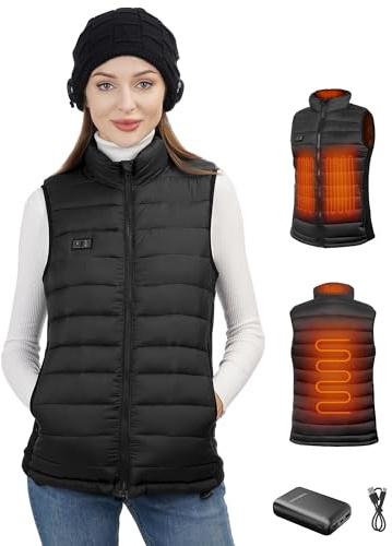 Loowoko Veste Sans Manche chauffante femme avec batterie 10000 mah, Gilet chauffante ultralégère 3 Niveaux de Chauffage + 4 Chauffage Zones, Pour Travail en extérieur, Vélo, Moto, Ski
