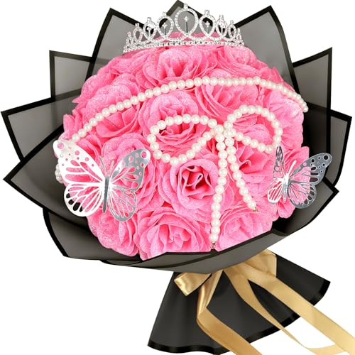 LARDUX 24PCS Artificial Rose Flowers Bouquet-Pink Artificial Flower Fake Bouquet Roses,DIY Sparkly For Birthday Anniversary Valentine's Day Silk roses bouquet with crown for photoshoot (Pink A)
