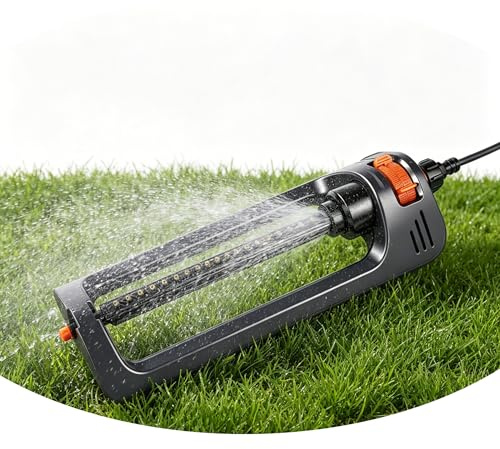 Nimomo Aspersor Jardin Oscilante, Aspersor Cuadrado para Jardín, Aspersor Automático de Cilindros de 19 Agujeros con Función Giratoria para Césped de Jardín y Parterres
