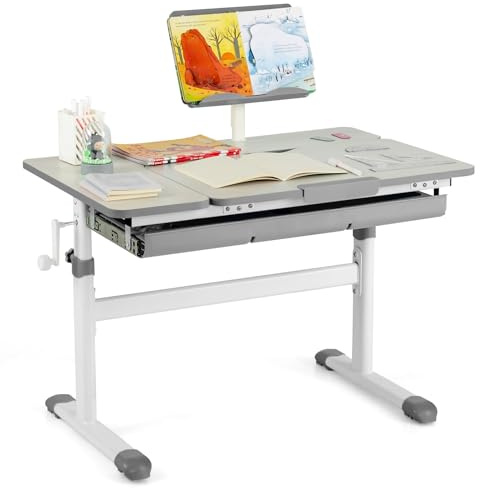 COSTWAY Bureau Enfants avec Réglable en Hauteur (51-73 cm) & Plateau Inclinable(0-60°), Table d'Etude Ergonomique avec Support de Livre & Tiroir, Charge 80kg pour Enfants de 3-12 Ans