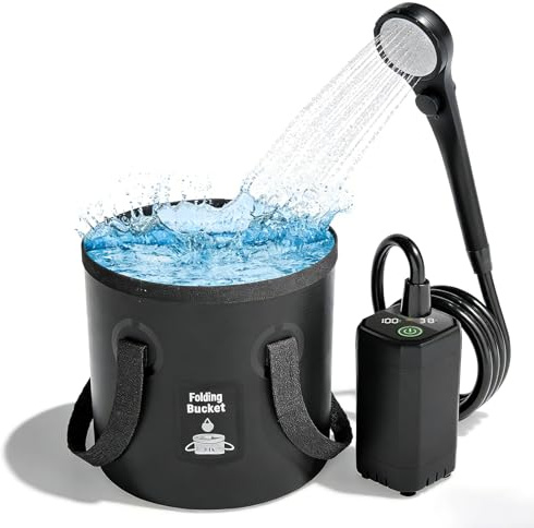 BORDEAG Ducha de camping al aire libre, 20 L, 6000 mAh, ducha de camping con bomba, ducha de camping con batería, ducha portátil para senderismo, camping, viajes, playa, jardín y actividades al aire