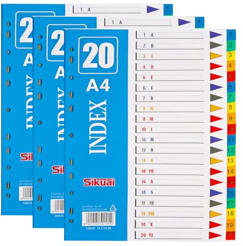 PPAAtrigeminal register för mappar A4 A-Z:3 stycken 20 delar A4-flikavskiljare för mapp plast, registeravskiljare för organisation, 225 x 297 mm 1–20