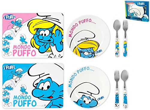 Home Pitufos Servicio de Plato con 2 Cubiertos, Melamine, Multicolors, 4 Piezas