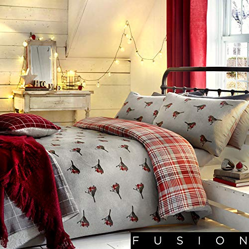 Fusion Robin Christmas 100% Brushed Cotton Flannelette Reversible Duvet Cover Set, Multi, Single