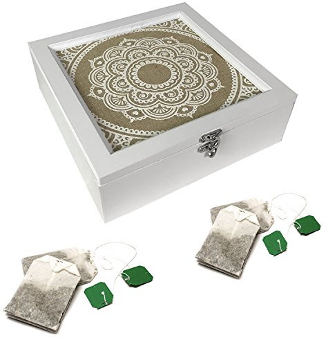 Mojawo Scatola da tè in legno in stile shabby chic, con coperchio decorativo bianco, 9 scomparti