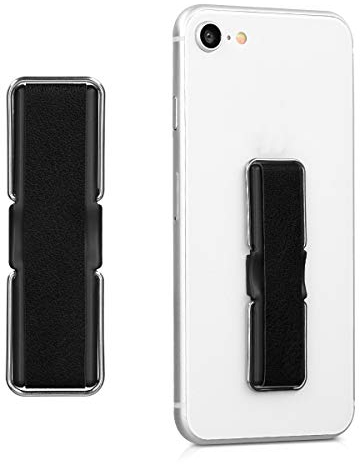 kwmobile Agarre elástico para móvil con Soporte - Banda de sujeción para Dedo - Correa Trasera de Cuero sintético para Smartphone - En Negro