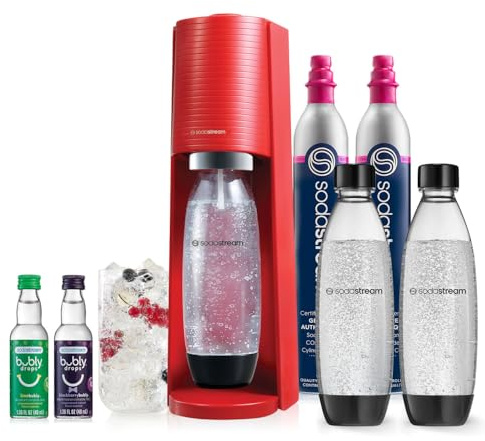 SodaStream Terra Sparkling Water Maker Bundle (Red), with CO2, Dishwasher Safe Bottles, and Bubly Drops Flavors