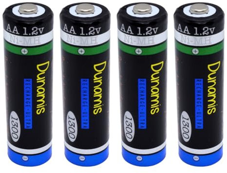 Dunamis - Pilas recargables (4 unidades, 1,2 V, AA, 1300 mAh, NiMH), capacidad media, adecuadas para la mayoría de usos estándar, incluyendo luces solares de jardín