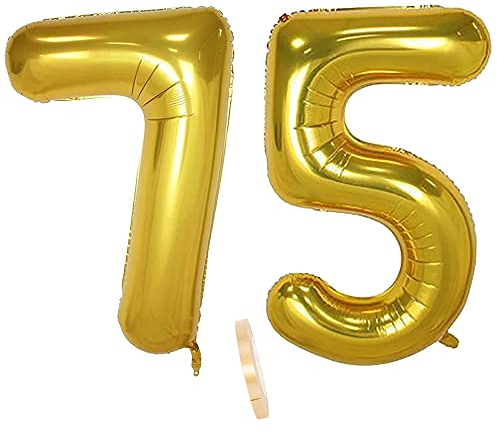 2 globos numeros 75 años, Number globo número 75 Dorado para Hombres Mujeres niños,40 Figuras Gold globo de lámina de helio inflable, gigante grande decoración fiesta de cumpleaños boda (xxxl 100cm)