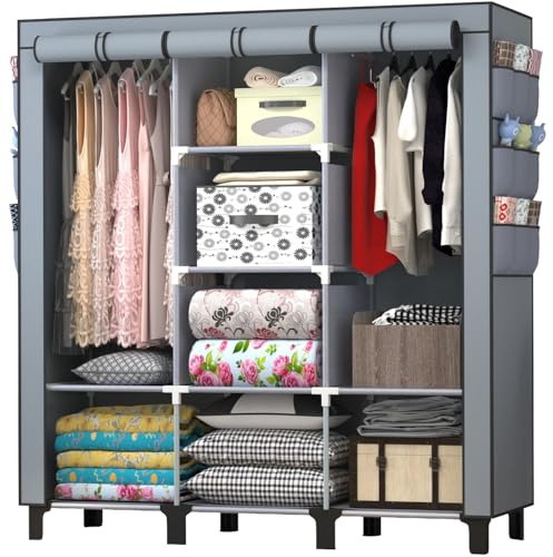 chunyangjingpin Portable Closet with 2 Hanging Rails & 8 Shelves, Bedroom Wardrobe with 18 Side Pockets, Foldable Garment Organiser (Grey)