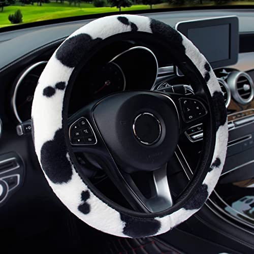Cow Pattern Fluffy Car Steering Wheel Cover Non Slip Soft Furry Plush Winter Warm Vehicle Car Steering Wheel Protector Universal Automotive Steering Wheel Cover Fit 37-39cm