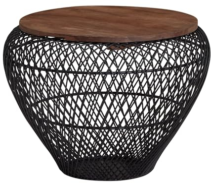FineBuy Couchtisch Mango Massivholz Metall 60x60x45 cm Rund mit Stauraum, Design Wohnzimmertisch Korbtisch Modern, Beistelltisch Sofatisch Wohnzimmer Schwarz