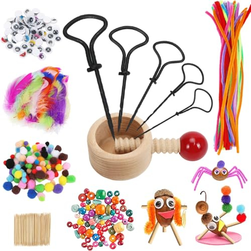 O-Kinee Broca Artesanal para Castaño,326 Piezas Castañas Broca de Mano con Soporte para Niños de 1,5 a 5 mm,Juego de Manualidades Con Otoño,Palillos de Dientes, plumas, Ojos