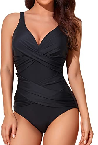 Smismivo Tummy Control Swimsuits for Women Slimming Plus Size One Piece Bathing Suit Modest Padded Ruched Push Up Long Torso Curvy Shapewear V Neck Swimming Full Coverage Swimwear (Black)