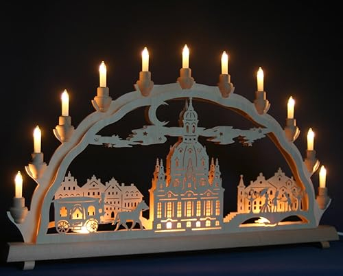 Schwibbogen Dresden Frauenkirche & Stadtansicht - Motiv - 68cm, 11 Kerzen + Vorbeleuchtung - Feine Handarbeit aus dem Erzgebirge - Weihnachten erzgebirgischer Lichterbogen