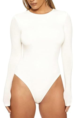 Rongseng Body Femme Manches Longues Sexy col rond Bodysuit Top Slim Fit Jumpsuit Stretch Justaucorps Chic Haut Shirt Blouses Chemisiers Élégante Couleur Unie Combinaison Combishort Casual Playsuit
