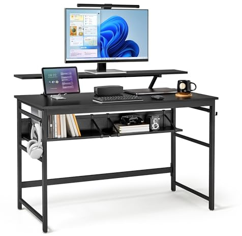 Mondeer Schreibtisch, Computertisch mit Langer Monitorständer und 2 Ablagen, Platzsparender für Arbeitszimmer Wohnzimmer Büro, 120 x 60 x 90 cm, Schwarz