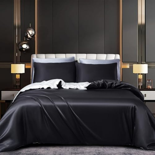 Tospass Satin Bettwäsche 200x200 cm Schwarz Weiß Wende Bettwäsche Set Seide Glatt Luxus Glanzsatin Deckenbezug Einfarbig Glänzend Bettbezug mit Reißverschluss 2 Kissenbezug 80x80cm