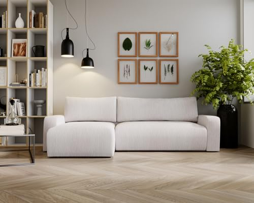 Kaiser Möbel, Ecksofa mit schlaffunktion, mit Bettkasten, Schlafsofa Argon, Designer Sofa, Modern Design Couch, Polsterecke, Freistehend, Zoom Stoff- Dicker Cord Weiss Ottomane Links