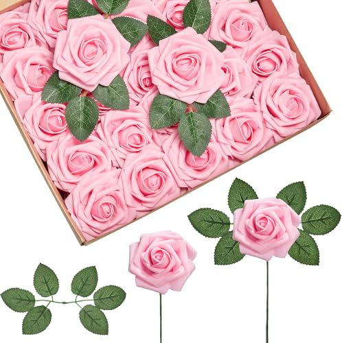 InnoGear Artificial Flowers, 50 Pcs Pink Foam Fake Roses Bulk with Stems for Decoration DIY Wedding Bouquets Centerpieces Bridal Shower Party Valentines Christmas Tree