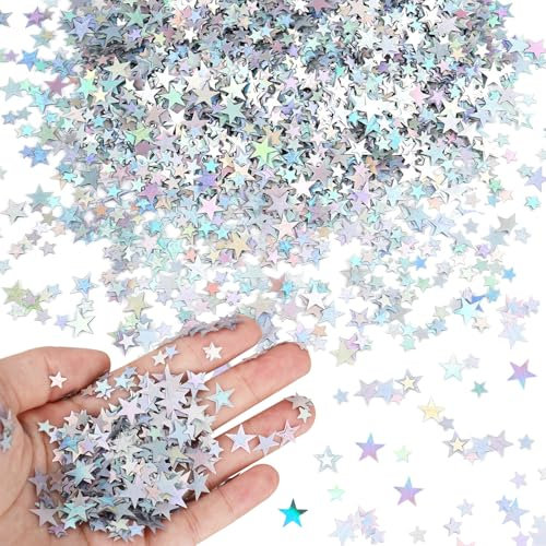 DazzJoy 4000 Stk Glitzer Streudeko Sterne Konfetti Weihnachten,2 Größen Sterne Deko Silber,Weihnachtskonfetti Deko Sterne, Glitzersterne Streudeko Silvester,Bunt Pailletten Stern Tischdeko Streusterne
