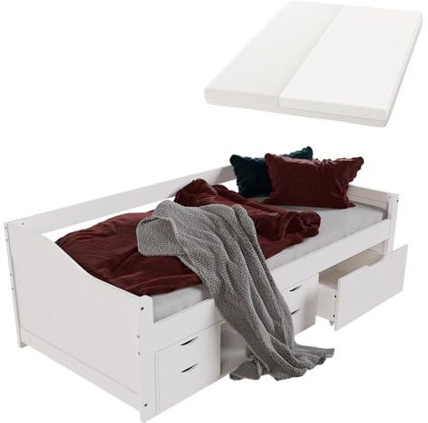 Juskys Funktionsbett Nalu 90x200 cm - Holz Bett mit Matratze, Lattenrost & Schubladen - Stauraumbett für Kinder - Jugendbett, Kinderbett - Weiß