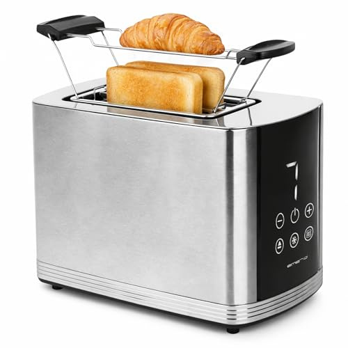 EMERIO Edelstahl Toaster mit großem Display | 2 Toastschlitze | Zentrierautomatik | Krümelschublade | Abbruch/Auftauen/Erwärmen | 7 Bräunungsstufen | Brötchenaufsatz | BPA-frei | 800W | TO-128308