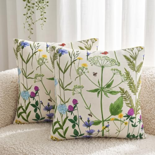 DILOXNSU Cushion Covers 50 x 50 cm Colorful Wild Herbs Flowers Set of 2 Double Sided Pillow Covers 18x18 Inch Decorative Cushions Cases Linen Home Decorations for Sofa Couch Outdoor Garden Decor