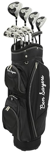 Ben Sayers M8 13-Piece Golf Package Set | Complete Mens Set | Full 12 Clubs Graphite/Steel Shafts with Cart Bag | Driver, Woods, Hybrids, Irons, Wedges & Putter (Right Hand +1 Inch - Black/Grey)