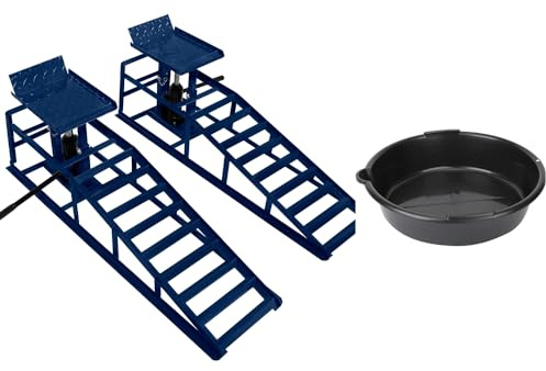 Hydraulic Car Ramps Pair 1.5 Ton Each 3 Ton Total Heavy Duty Ramps with Bottle Jack Lift Adjustable Height 305 to 390mm 34 x 26cm Platform 245mm Tyre Width plus 6L Oil Drain Pan Bundle