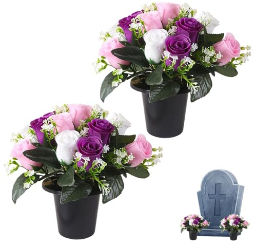 Gobesty Artificial Flowers for Graves 2PCS, Grave Flower Pots 25cm, Silk Flowers for Graves for Outdoor Memorial Grave, Funeral Decorations, Cemetery Flowers, Christmas Tributes (Purple)
