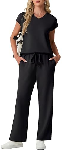 GRECERELLE Tuta da donna, set completo estivo a maniche corte, abbigliamento da salotto per donna, abiti in due pezzi, casual, scollo a V, top da donna e pantaloni sportivi da palestra con tasche
