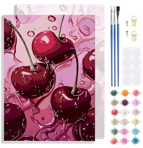 TLIOBLO Cherry Peinture par Numéros avec Cadre pour Adulte, DIY Peinture pour Adultes Enfants Débutants Facile sur Toile avec Peintures et Pinceaux, Décor Maison Cadeaux 20x30cm