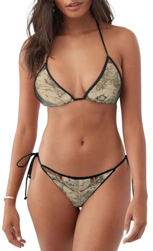 Conjunto de bikini de dos piezas con estampado retro de mapa del mundo para mujer, traje de baño sexy con tirantes ajustables