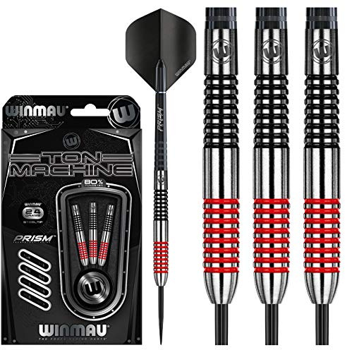 WINMAU Darts Ton Machine Professional Tungsten Darts Set with Prism Flights and Shafts (Stems) 22g | 23g | 24g | 26g | 27g Gram Steeltip Dart Set (Red, 24g)