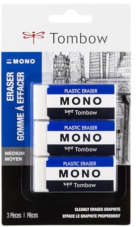Tombow 57324 MONO Eraser, White, Medium, 3-Pack. Cleanly Removes Marks Without Damaging Paper