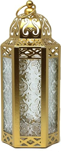 Vela Lanterns Marokkanische Lampe aus goldenem Messing, dekorative Laterne, Kerzenhalter für Innen- und Außenbereich, Heimdekoration, Terrasse, Hochzeiten, klares Glas, mittelgroß
